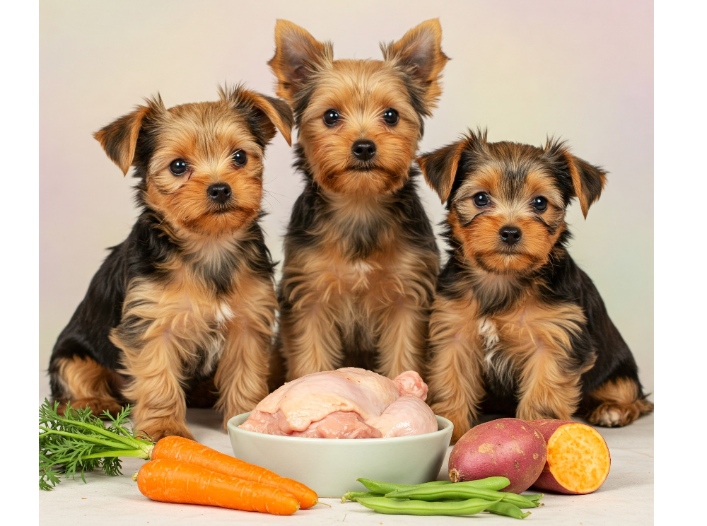 Three yorkie dogs sitting behind a bowl of raw chicken, two carrots, five green beans, and two sweet potatoes with one cut down the middle to show the vibrant orange inside